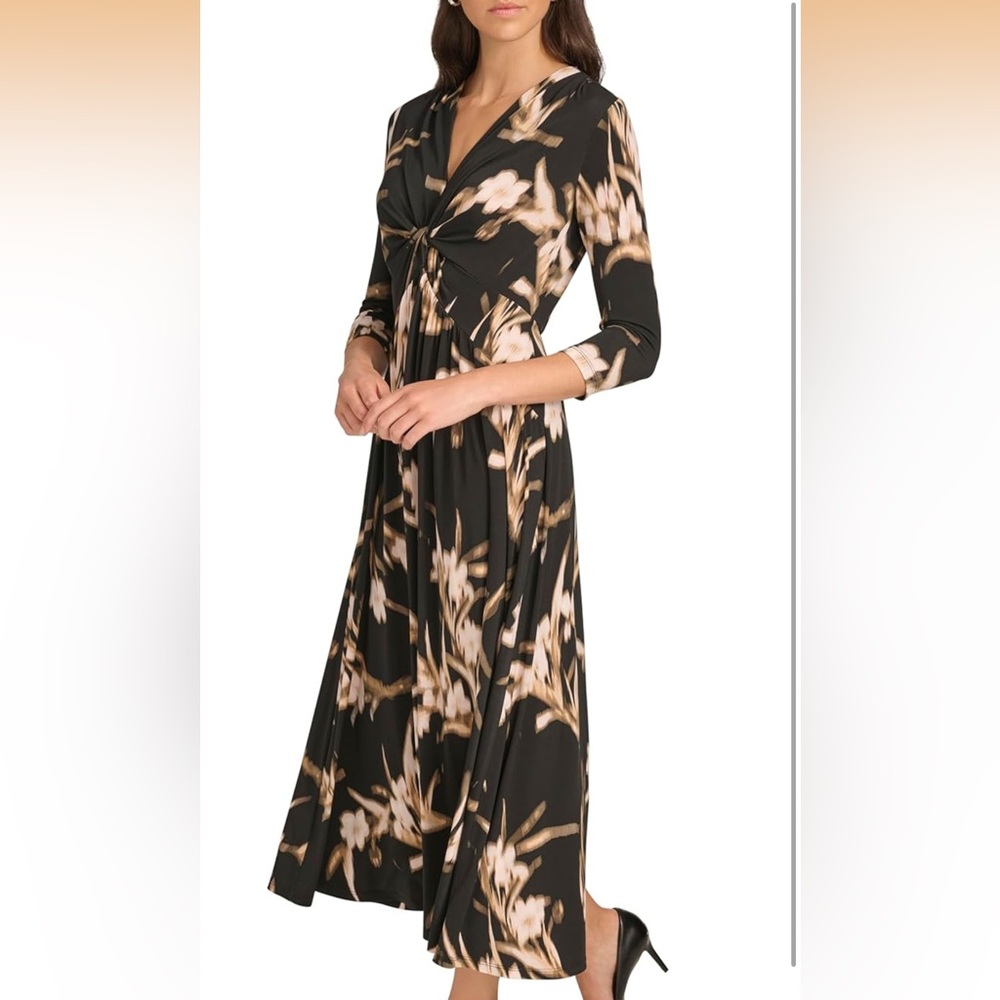 Calvin Klein Collection Black and Cream Long Sleeve Dress